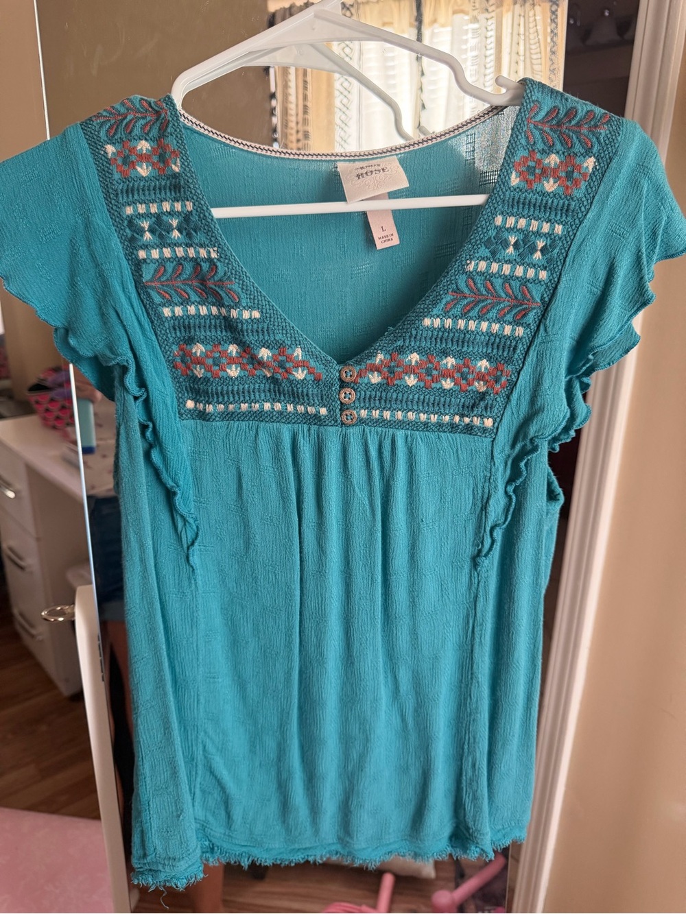 Knox Rose Teal Embroidered V-Neck Flutter Sleeve Blouse